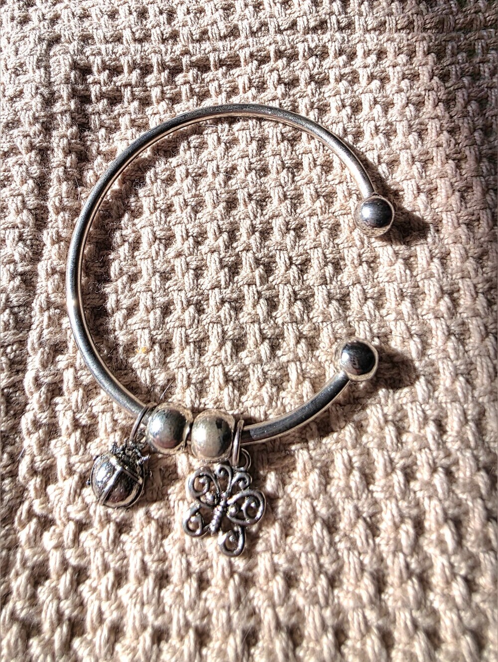 Vintage Silver Bangle Charm Bracelet. Ladybug And Butterfly